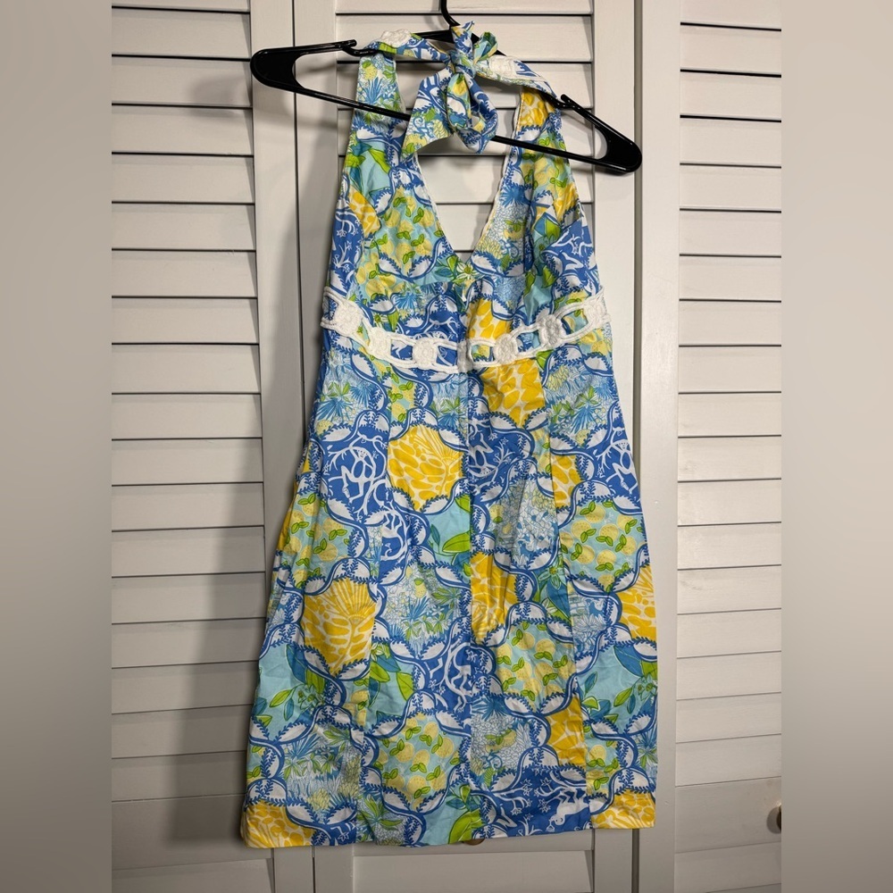 Lilly Pulitzer Blue and Yellow Patterned Halter Dress Size 4 - Picture 7 of 8